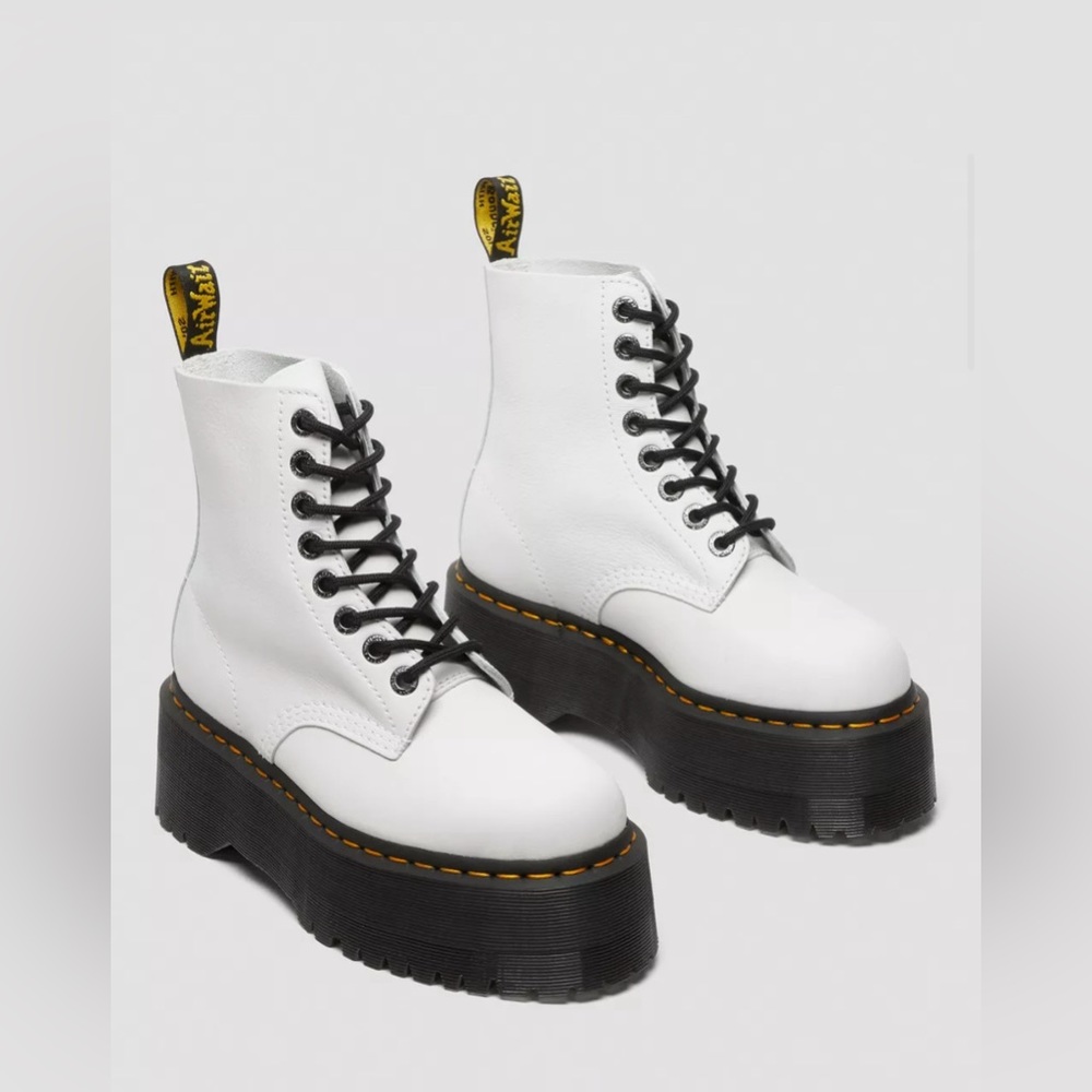 Dr. Martens White Leather Platform Lace-Up Boots with Black Soles